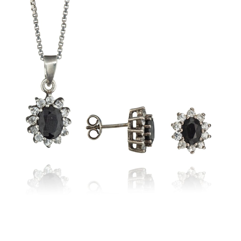 Smykkesett, sterling sølv, kubisk zirkonia, safir