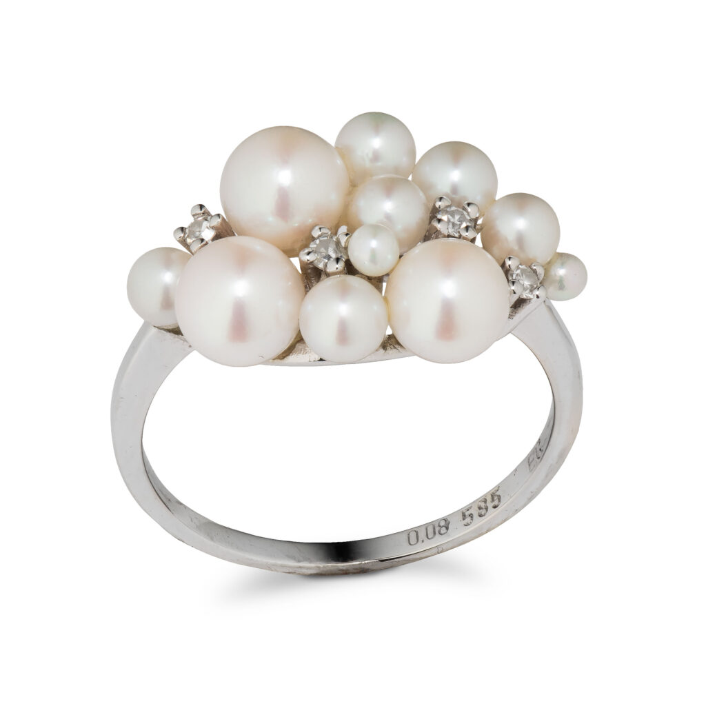Einar Christophersen perlering, hvitt gull, diamanter (0,08 ct.)