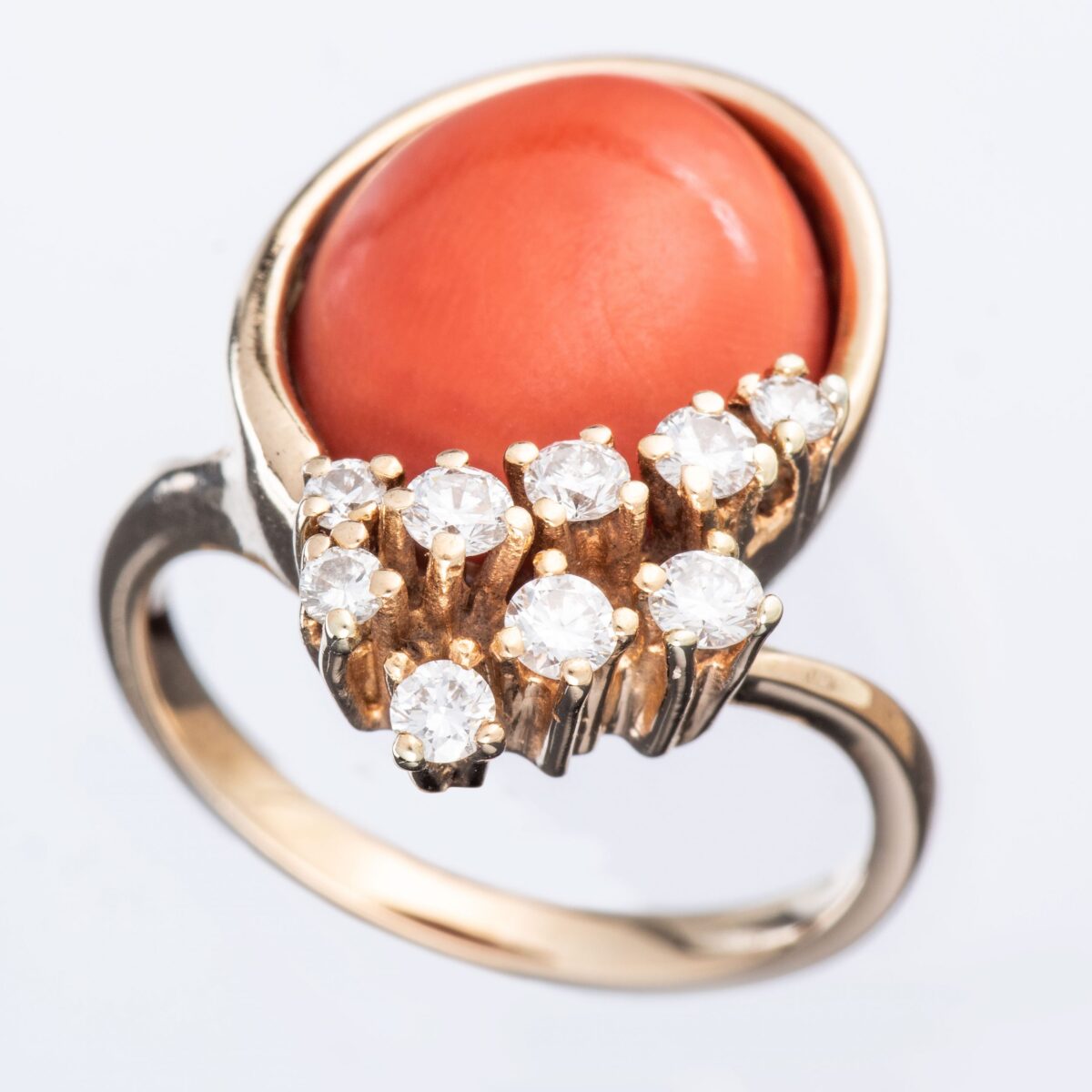 Ring, gult gull, rød korall, diamanter (0,39 ct.) - Bilde 3