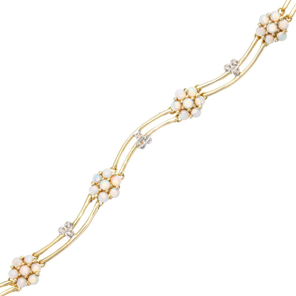Opal armlenke, diamanter, gult gull