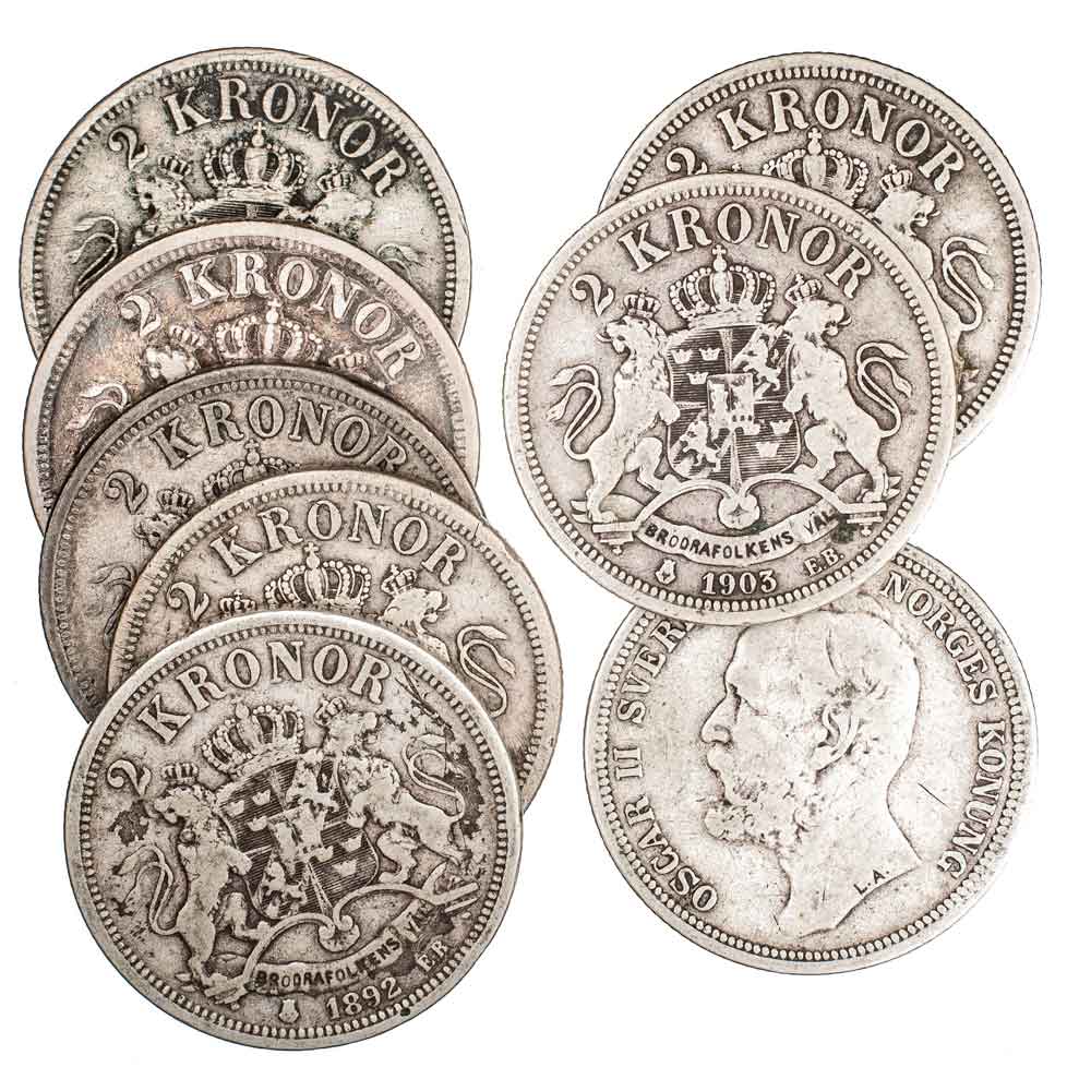 Samler- og investeringsmynt. I edel og uedel metall. Varierende utvalg med nytt og gammelt.