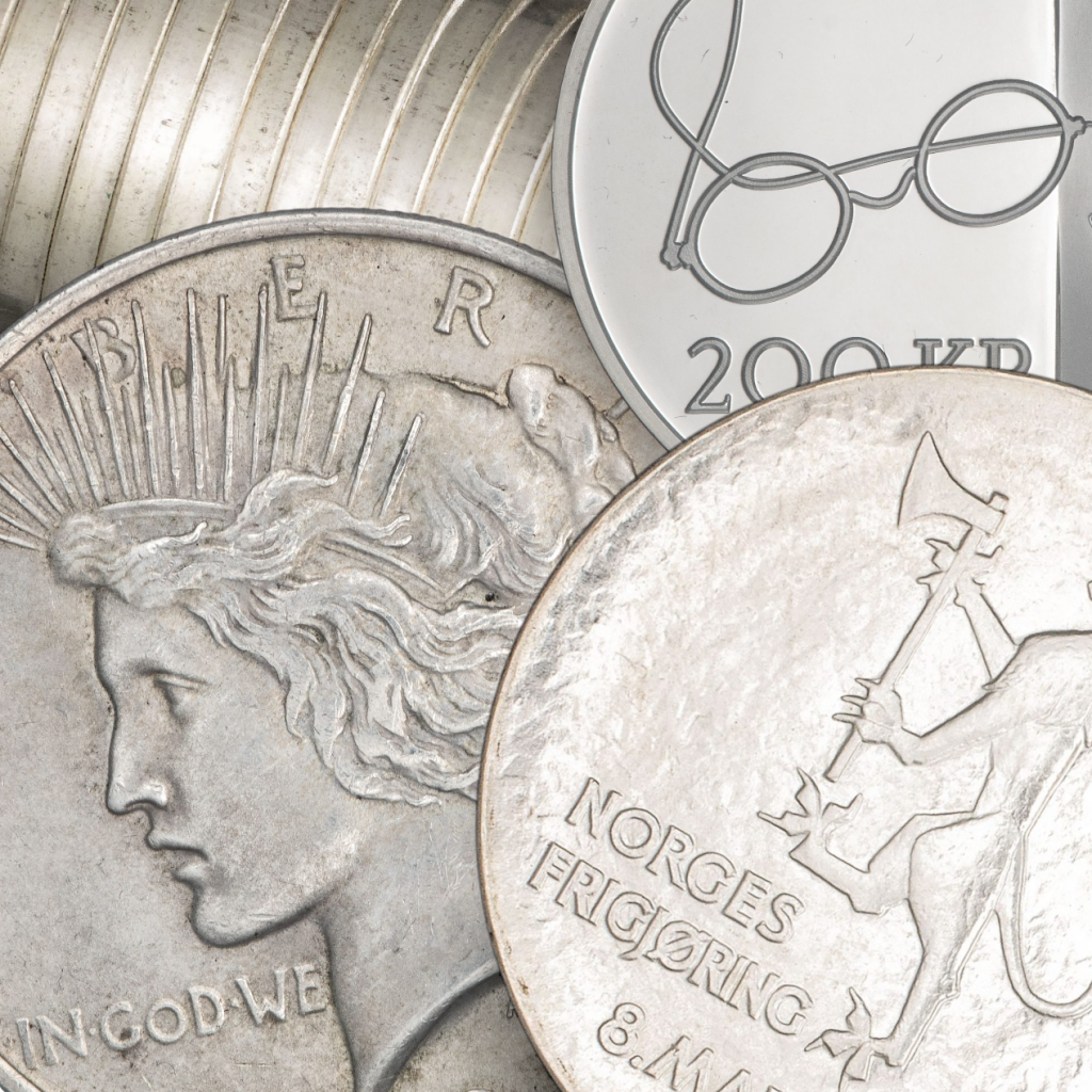 Samler- og investeringsmynt. I edel og uedel metall. Varierende utvalg med nytt og gammelt.