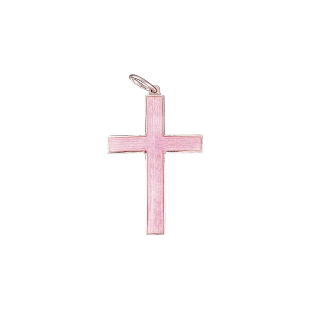 Korsanheng, rosa emalje, sterling sølv