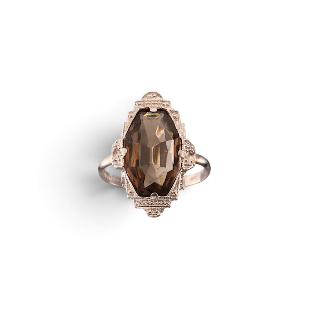Antikk ring, brunt glass, sølv